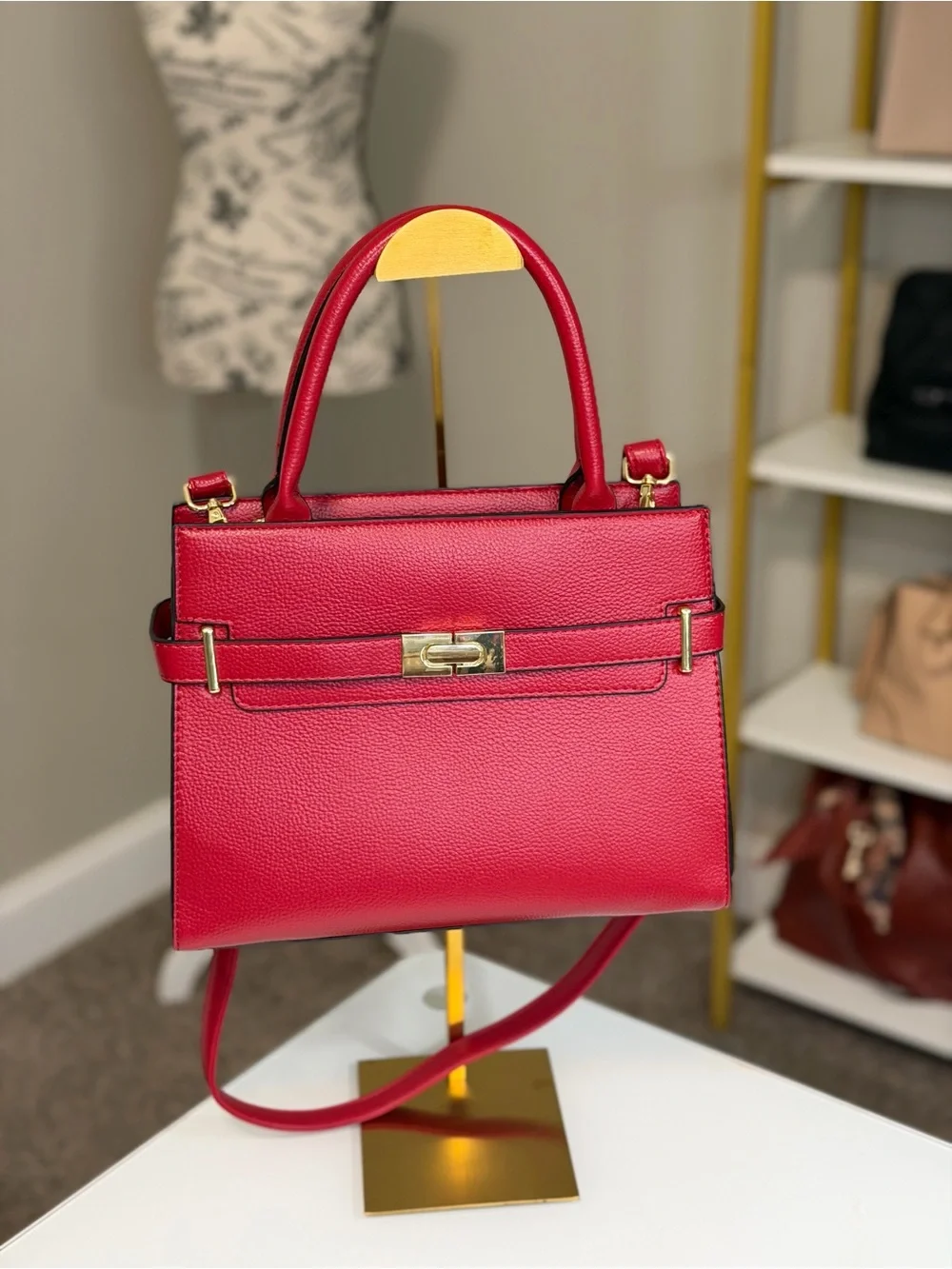 Red Structured Top-Handle Tote with Scarf Accent & Crossbody Strap